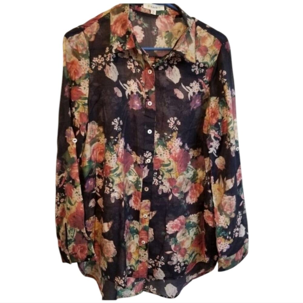 Anthropologie‎ FLORAL Slightly sheer button up tunic length shirt top Size Med